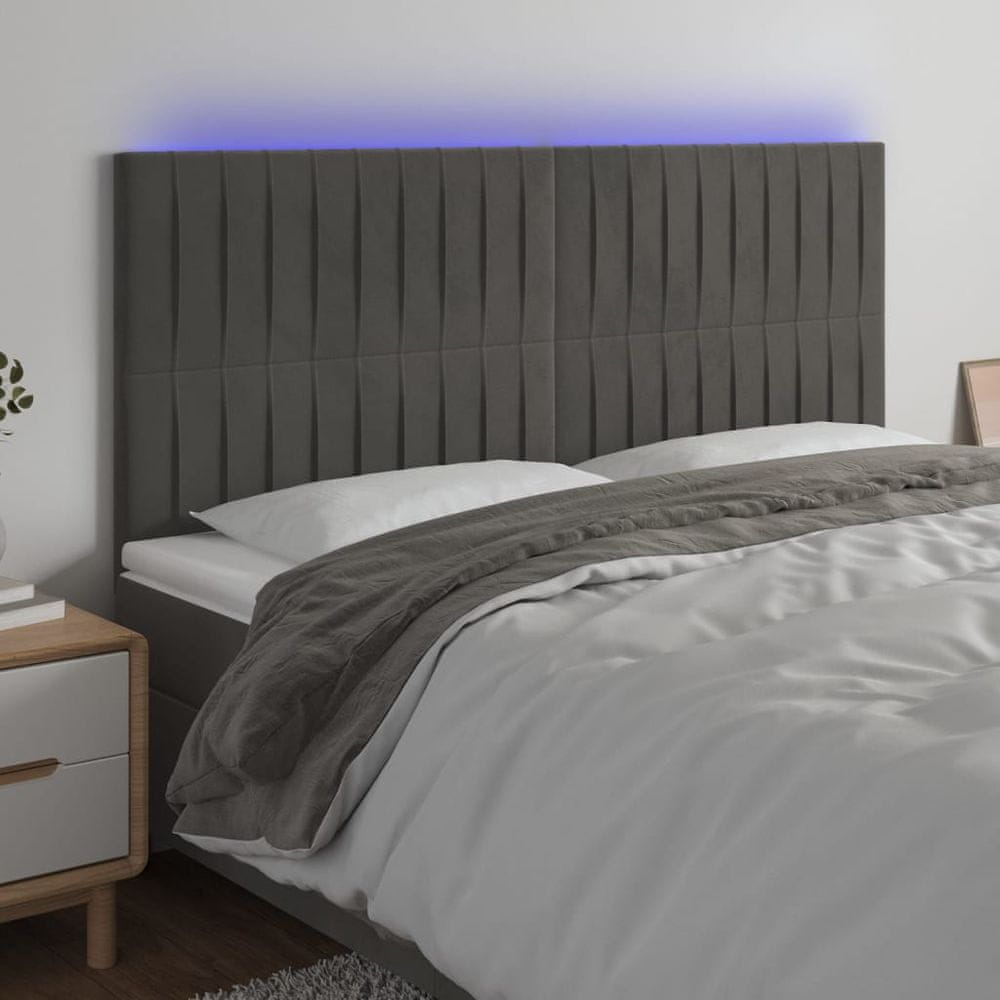 Vidaxl Čelo postele s LED tmavosivé 200x5x118/128 cm zamat
